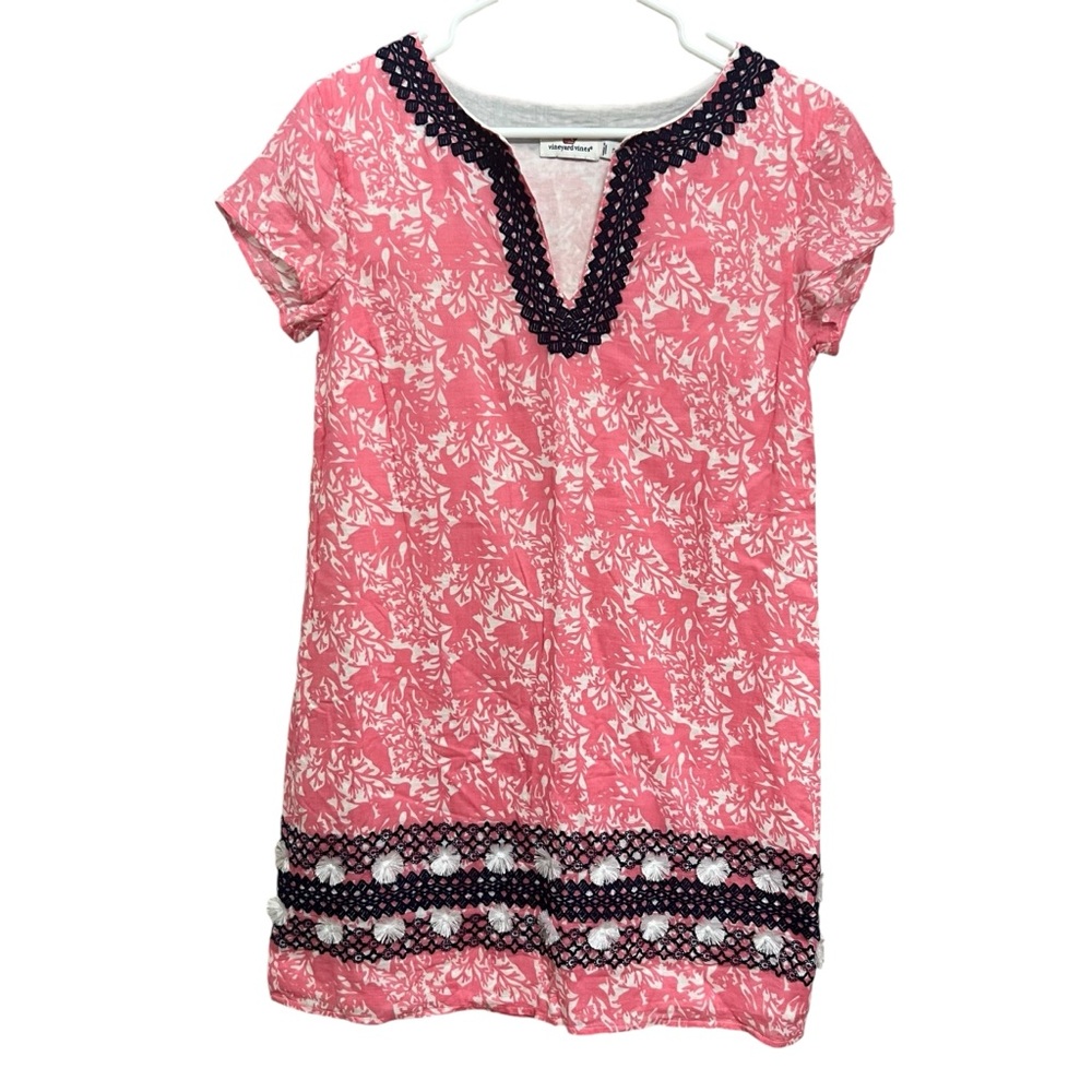 Vineyard Vines Linen Pink Starfish Coral Print Navy Embroidered Mini Dress 2